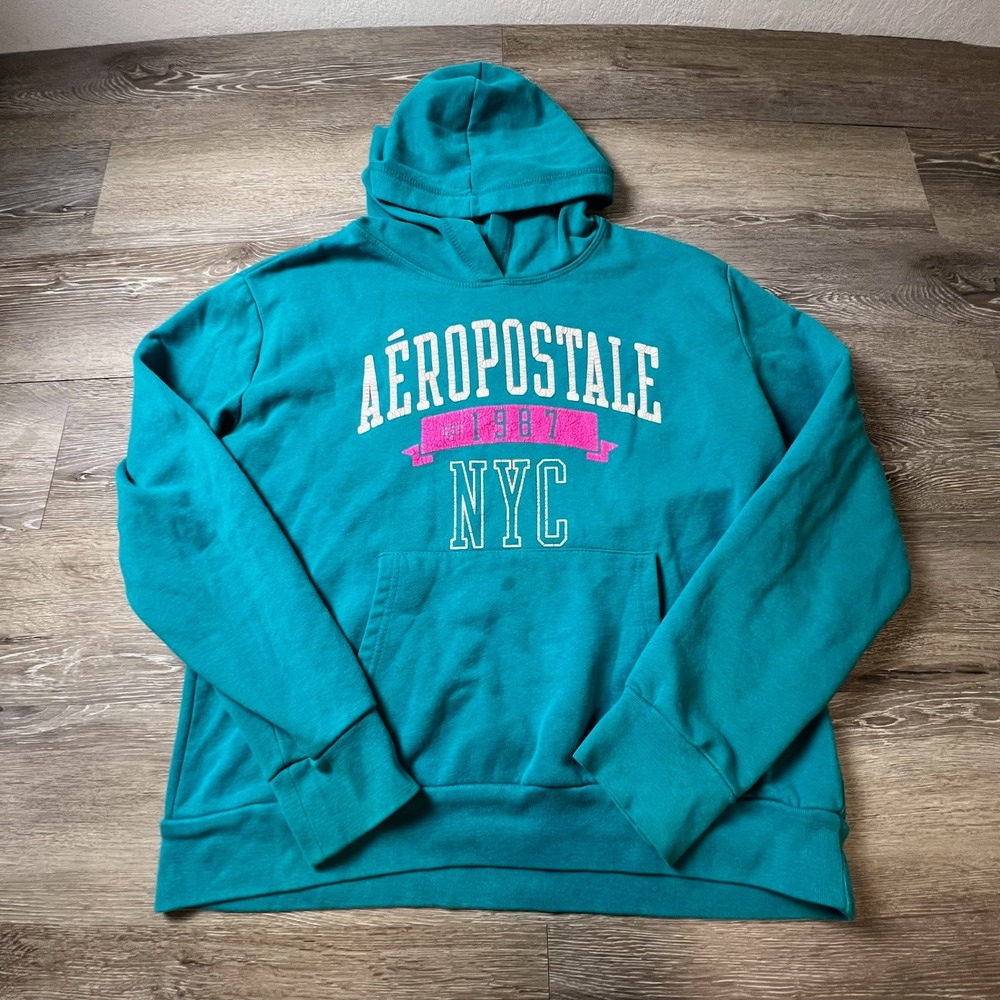 Aeropostale Hoodie Women XL Teal Blue NYC 1987 Graphic Pullover Sweatshirt